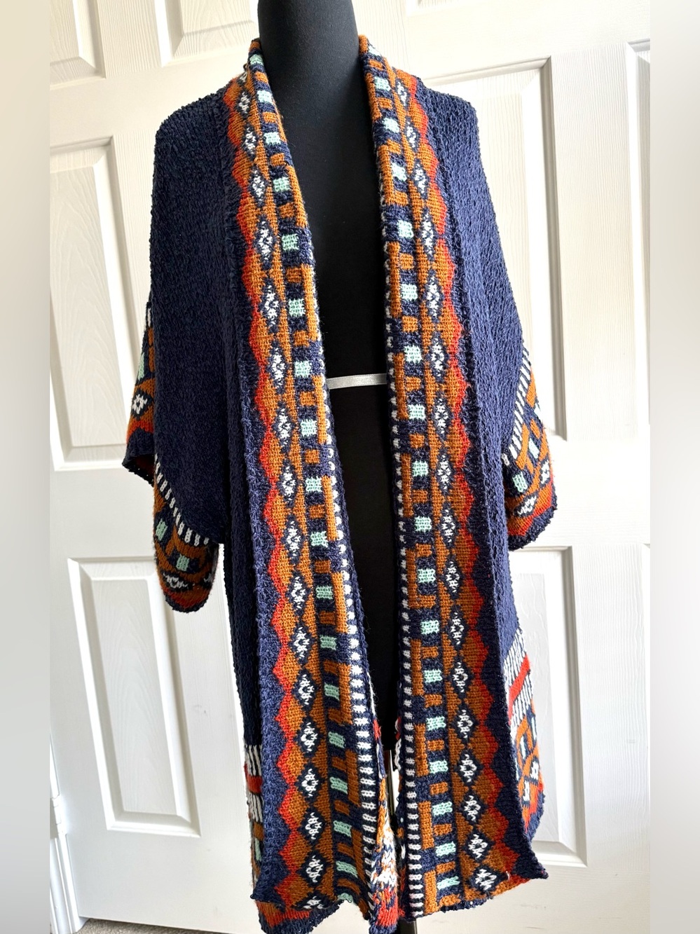Navy Open-Front Southwestern Knit Cardigan with Rust Accents